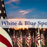 Red, White & Blue Sponsor Banner overlaid a photos of American Flags