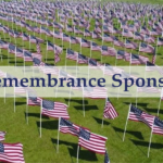 Remembrance Sponsor Banner overlaid a photos of a field of grass with American Flags waving