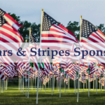 Stars & Stripes Sponsor Banner overlaid a photos of a field of grass with American Flags waving