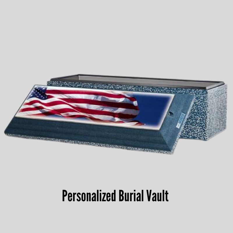 Graphic showing a blue grave liner with an American flag on the lid