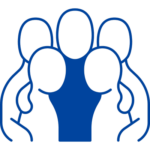 Blue illustration of four people huddling around a person