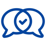 Blue illustration of two text bubbles overlapping with a check mark in the middle