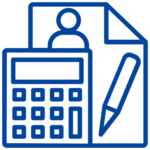 Blue illustration of a piece of paper with a person on it behind a calculator