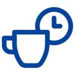 Blue illustration of a coffee mug and a clock