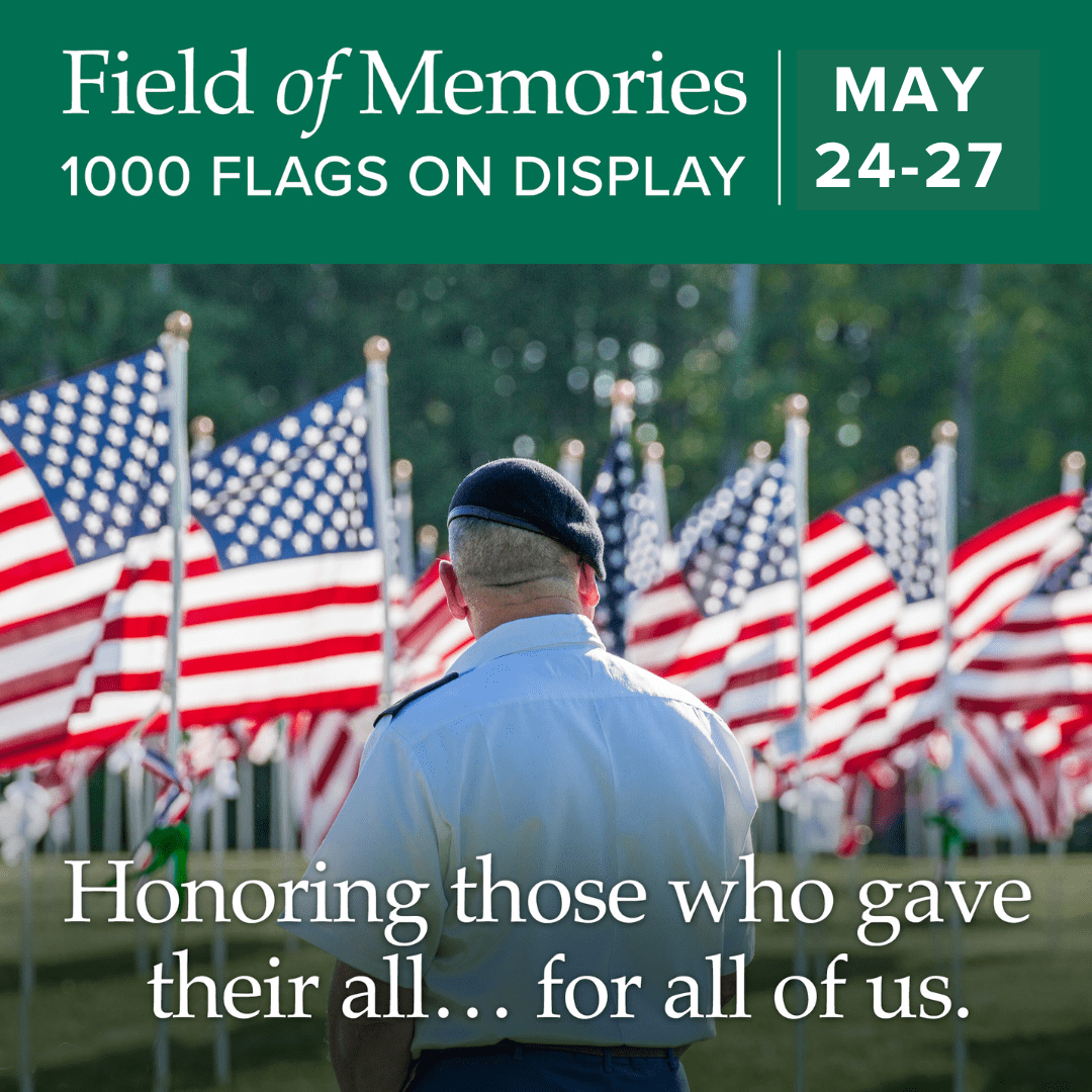 Field of Memories - 2024 event flyer with a photo of a veteran standing by American flags in the grass
